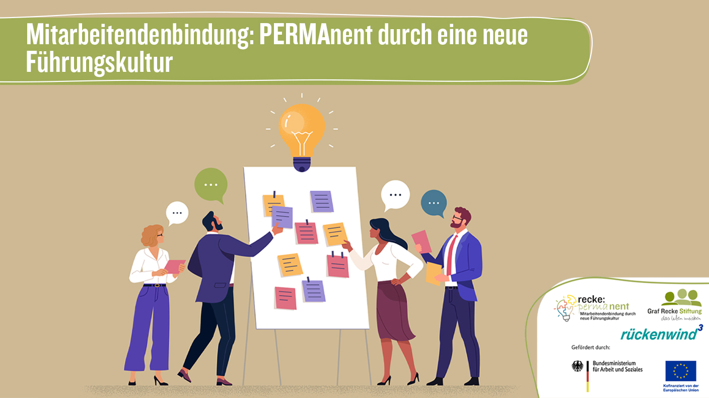 Männlich und weibliche illustrierte Menschen stehen um eine Flipchart und pinnen dort Notizzettel an. Unten rechts sieht man einen weißen Kasten mit den Logos der Graf Recke Stiftung, rückenwind³, Bundesministerium für Arbeit und Soziales. Oben ist ein grüner Kasten wo mit weißer Schrift "Mitarbeitendenbindung: Permanent durch eine neue Führungskultur" steht.